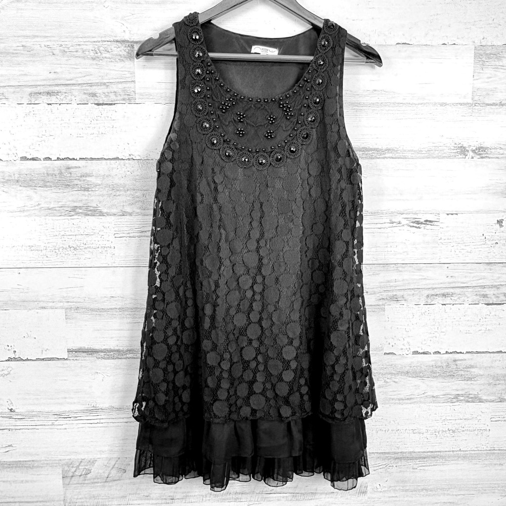 New Look Black Lace‎ Dress Sleeveless Beaded Party Cocktail British Size 12